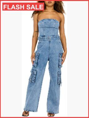 Strapless Cargo Denim Jumpsuit with Belt